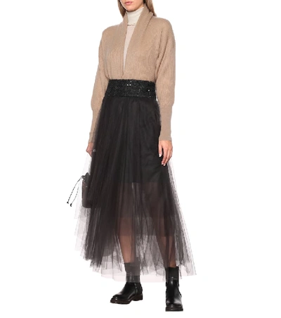 Shop Brunello Cucinelli Embellished Tulle Maxi Skirt In Black