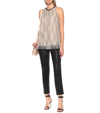 Shop Brunello Cucinelli Embroidered Tulle Top In Beige