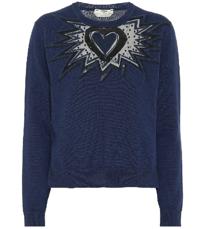 Shop Fendi Embroidered Cashmere Sweater In Blue