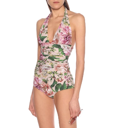 Shop Dolce & Gabbana Floral Halter Swimsuit In Pink