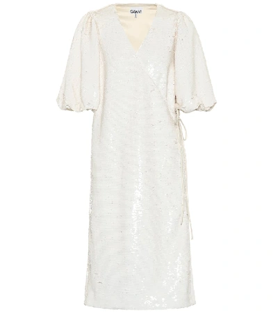 Shop Ganni Sequined Wrap Midi Dress In White