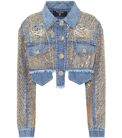 Shop Balmain Embroidered Cropped Denim Jacket In Blue