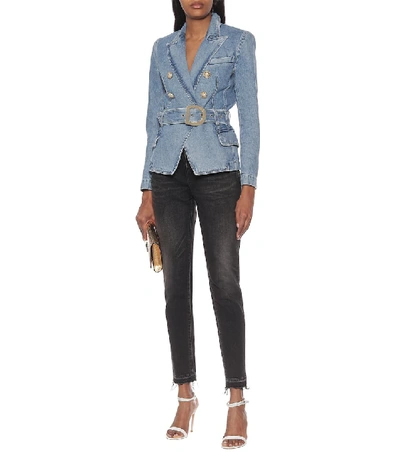 Shop Balmain Denim Blazer In Blue