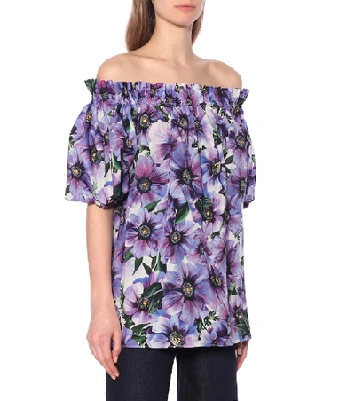 Shop Dolce & Gabbana Floral Cotton Off-shoulder Blouse In Purple