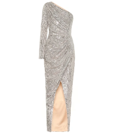 Shop Rasario One-shoulder Sequined Gown In Silver