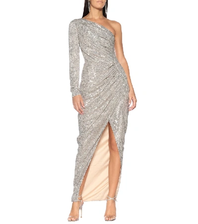 Shop Rasario One-shoulder Sequined Gown In Silver
