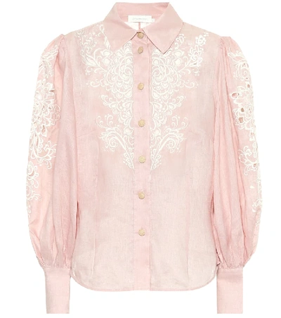 Shop Zimmermann Freja Embroidered Linen Shirt In Pink
