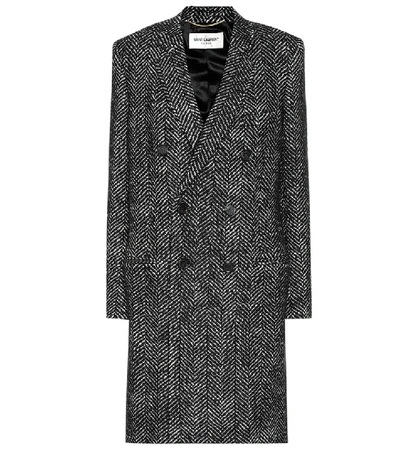 Shop Saint Laurent Wool Herringbone Coat In Grey