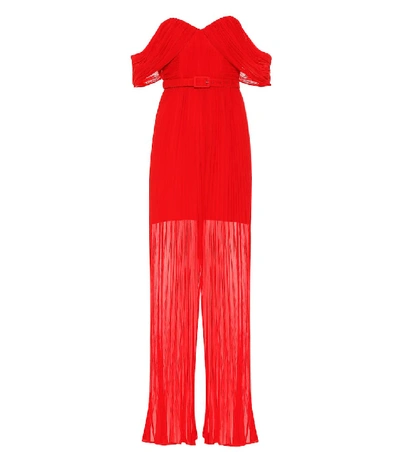 Shop Self-portrait Chiffon Jumpsuit In Red