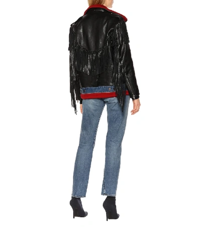 Shop Balenciaga Denim-trimmed Leather Jacket In Black