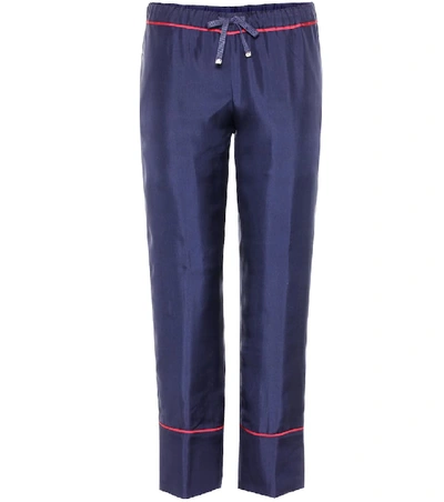Shop Moncler Cropped Silk Trousers In Blue