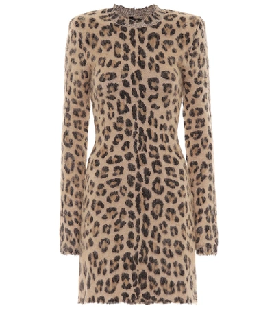 Shop Ben Taverniti Unravel Project Leopard-print Wool-blend Minidress In Beige