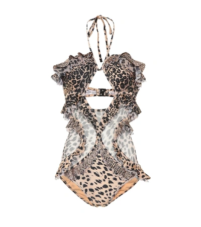 Shop Zimmermann Allia Leopard-print Swimsuit In Beige
