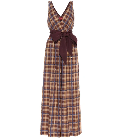 Shop Staud Mika Checked Cotton-blend Jumpsuit In Brown