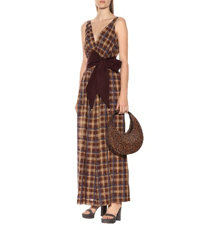 Shop Staud Mika Checked Cotton-blend Jumpsuit In Brown