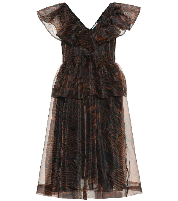 Ganni Tiger-print Ruffled Organza Dress In 986 Tiger | ModeSens