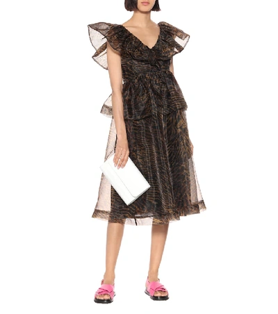 Shop Ganni Tiger-print Organza Dress In Brown