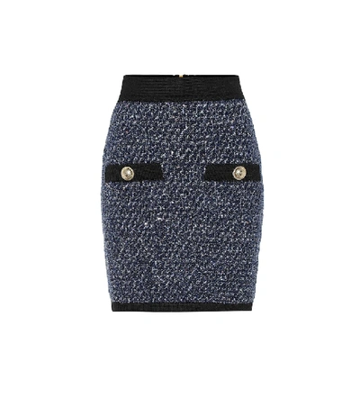 Shop Balmain Tweed Miniskirt In Blue