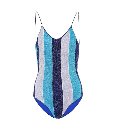 Shop Oseree Lumière Striped One-piece Swimsuit In Blue