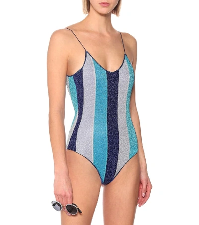 Shop Oseree Lumière Striped One-piece Swimsuit In Blue