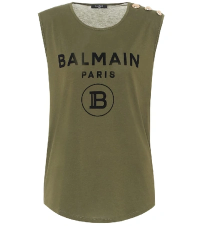 Shop Balmain Logo Cotton-jersey Tank Top In Green