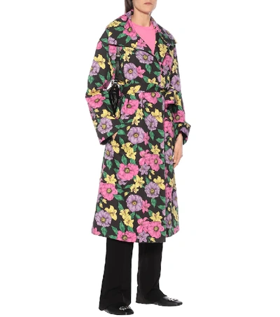 Shop Balenciaga Floral Cotton-drill Trench Coat In Black