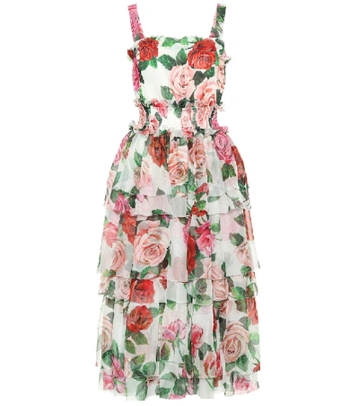 Shop Dolce & Gabbana Rose-printed Silk Midi Dress In Pink