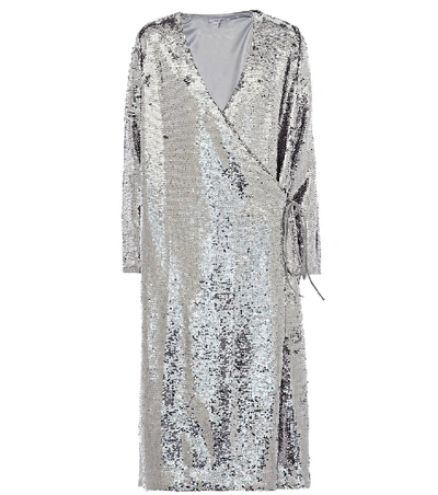 Shop Ganni Sequins Wrap Midi Dress In Silver