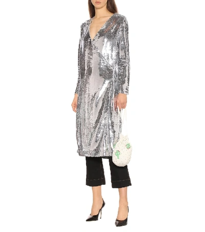 Shop Ganni Sequins Wrap Midi Dress In Silver