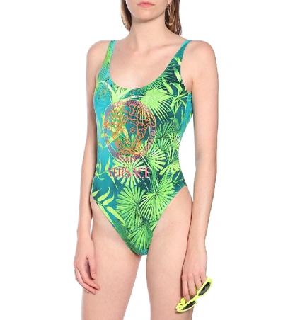 Shop Versace Jungle-print Swimsuit In Green