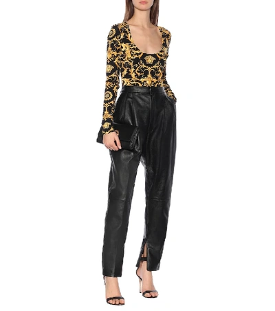 Shop Versace Printed Jersey Bodysuit In Gold