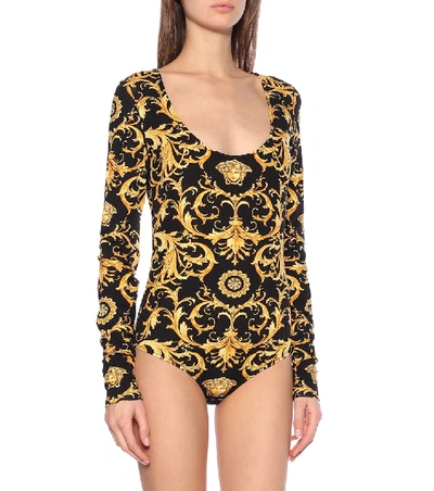 Shop Versace Printed Jersey Bodysuit In Gold