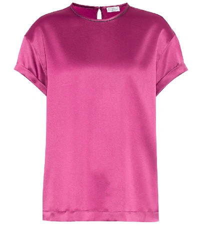 Shop Brunello Cucinelli Stretch Silk-satin T-shirt In Pink