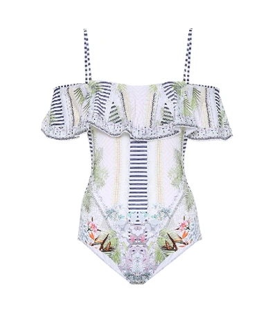 Shop Camilla Printed Off-the-shoulder Swimsuit In Multicoloured