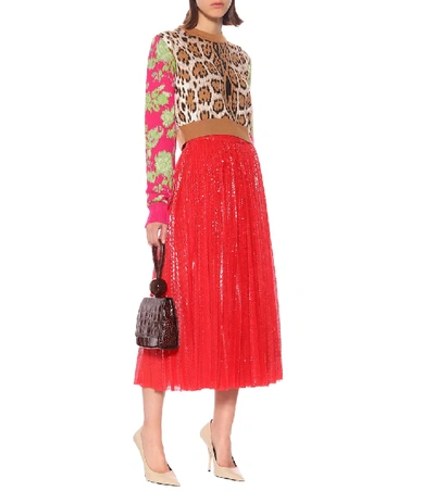 Shop Msgm Sequined Pleated Midi Skirt In Red