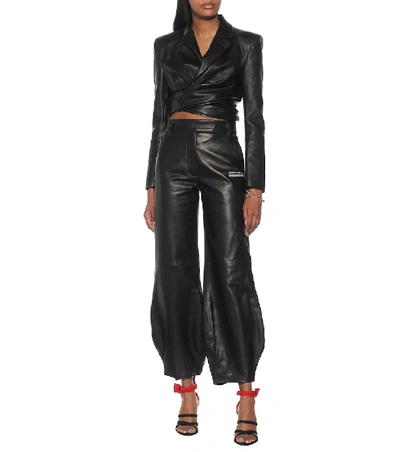 Shop Off-white Bow Cuff Leather Pants In Black