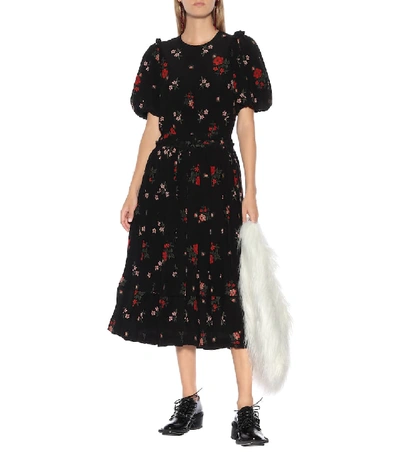 Shop Simone Rocha Floral Silk Midi Dress In Black