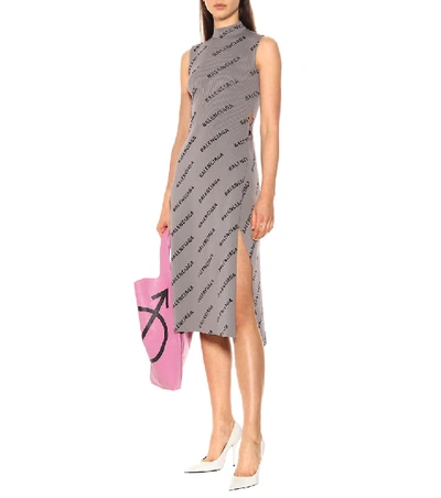 Shop Balenciaga Allover Logo Ribbed-knit Wrap Dress In Grey