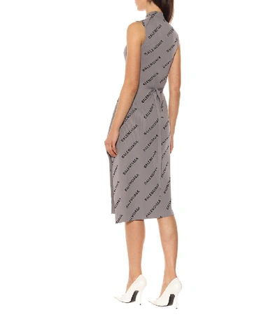 Shop Balenciaga Allover Logo Ribbed-knit Wrap Dress In Grey