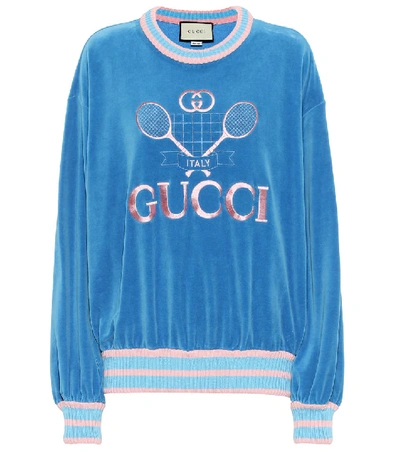 Shop Gucci Tennis Cotton Chenille Sweatshirt In Blue