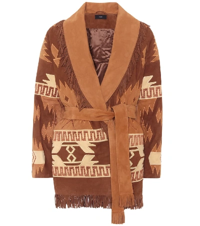 Shop Alanui Icon Embroidered Suede Cardigan In Brown