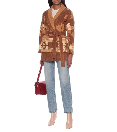 Shop Alanui Icon Embroidered Suede Cardigan In Brown