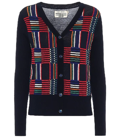 Shop Tory Sport Checked Wool-jacquard Cardigan In Blue