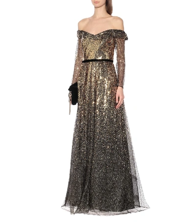 Shop Marchesa Notte Off-the-shoulder Sequined Gown In Gold