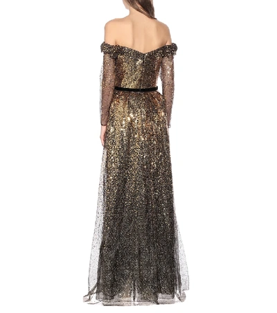 Shop Marchesa Notte Off-the-shoulder Sequined Gown In Gold