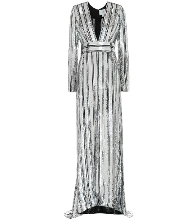 Shop Galvan Stardust Striped Sequined Gown In Silver