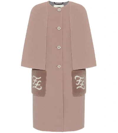 Shop Fendi Shearling-trimmed Virgin Wool Coat In Beige