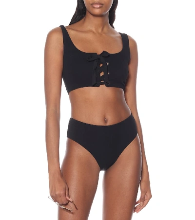 Shop Ganni Lace-up Bikini Top In Black