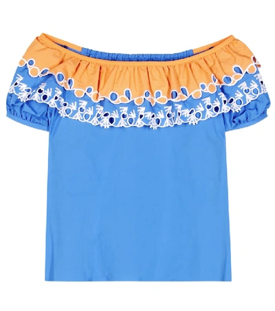 Shop Peter Pilotto Embroidered Off-the-shoulder Cotton Top In Blue