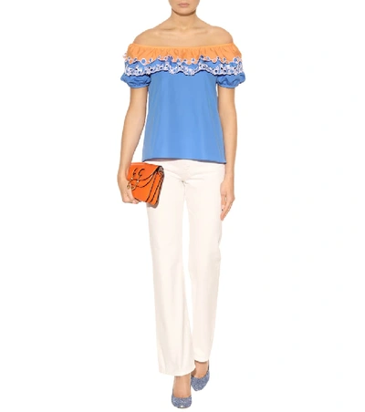 Shop Peter Pilotto Embroidered Off-the-shoulder Cotton Top In Blue